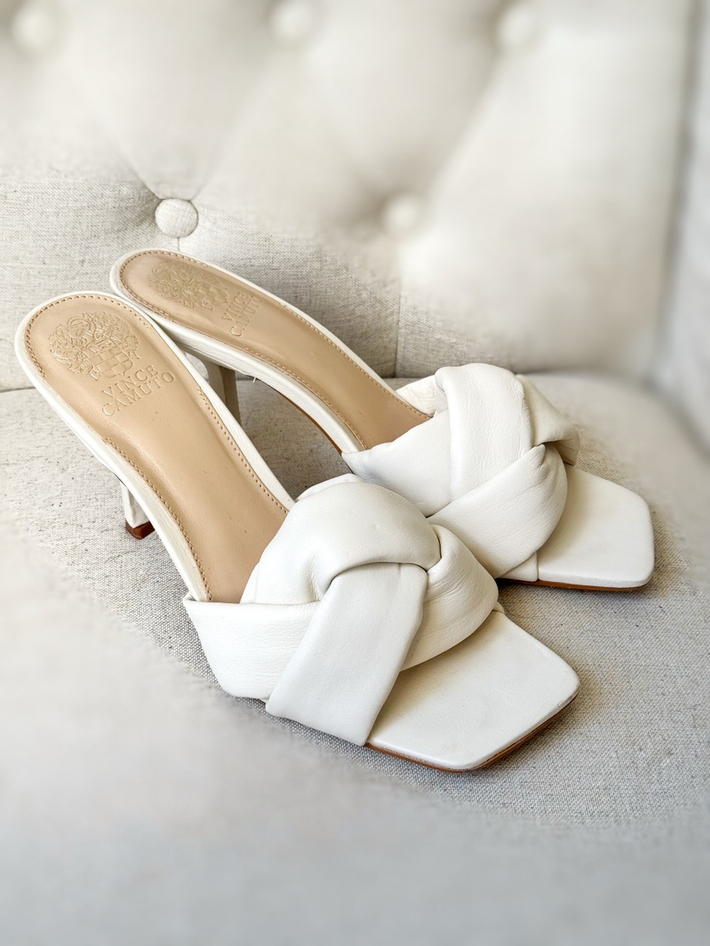 Vince Camuto White Woven Faux Leather Slide Heels